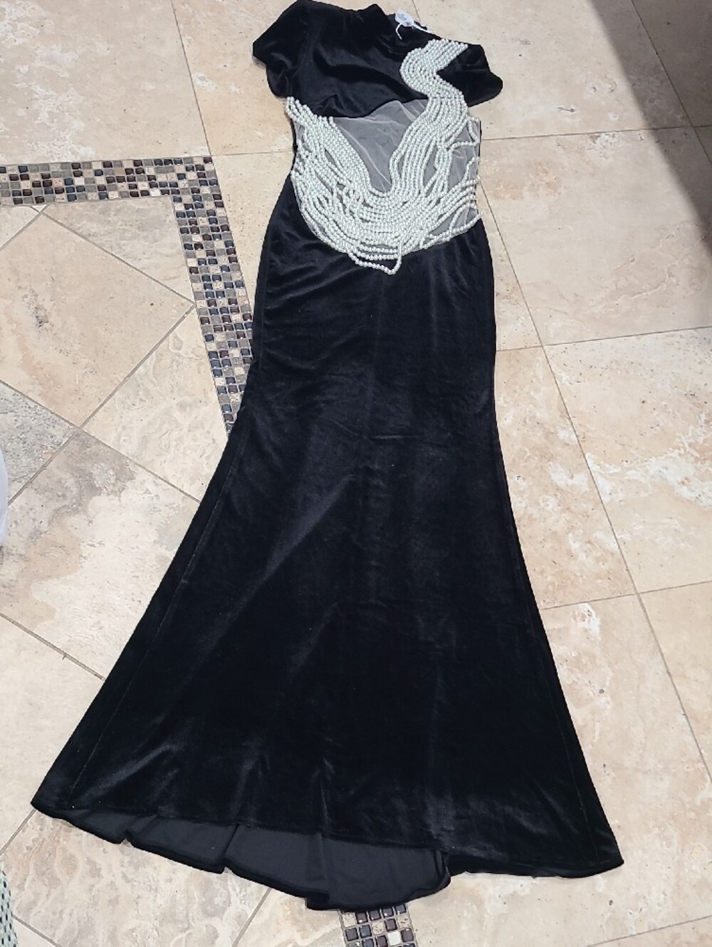 Mew Mews  Black Velvet Prom Dress with Pearl Beaded Bodice - Picture 4 of 14